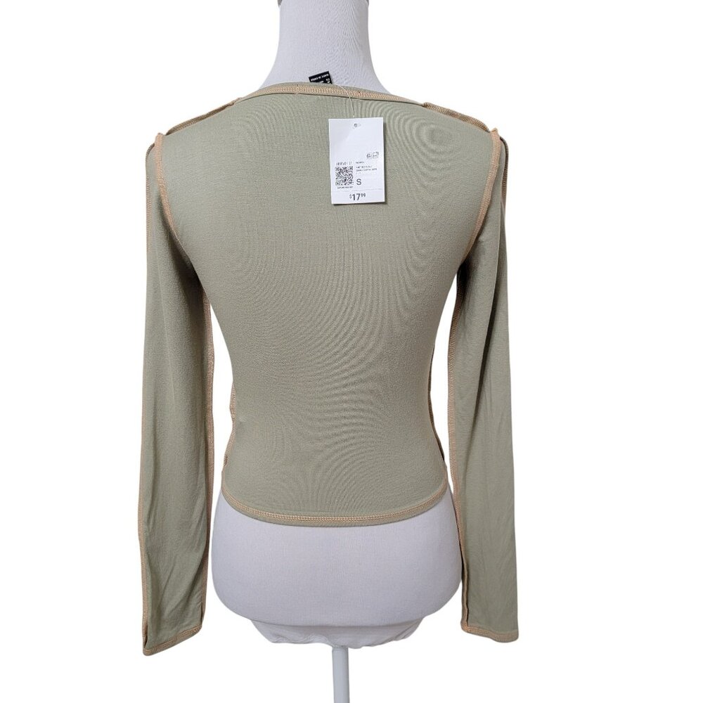 Forever 21 Size S Light Moss Green with Yellow Exposed Seam Cropped Top, NEW - Picture 5 of 11